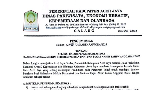 
 Pemkab Aceh Jaya Buka Penerimaan Beasiswa Tahun 2025, Ini Syaratnya