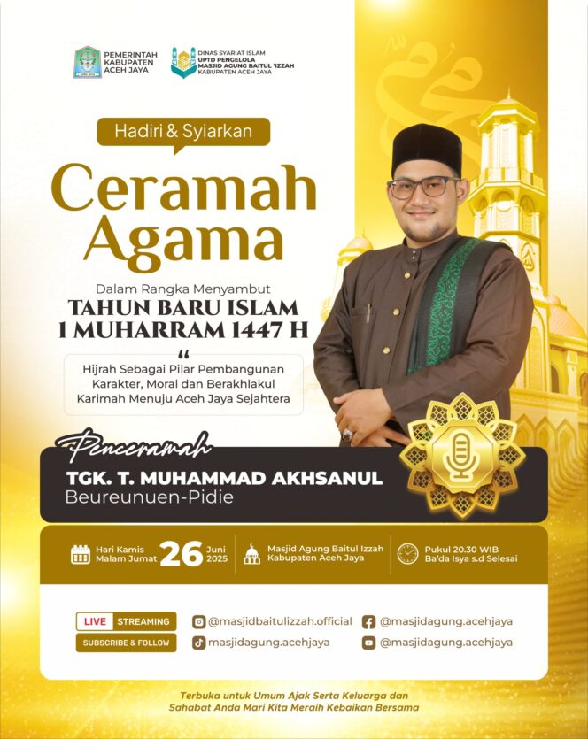 
 Pemkab Aceh Jaya Ajak Warga Hadiri Ceramah Agama Peringati 1 Muharram 1447 H
