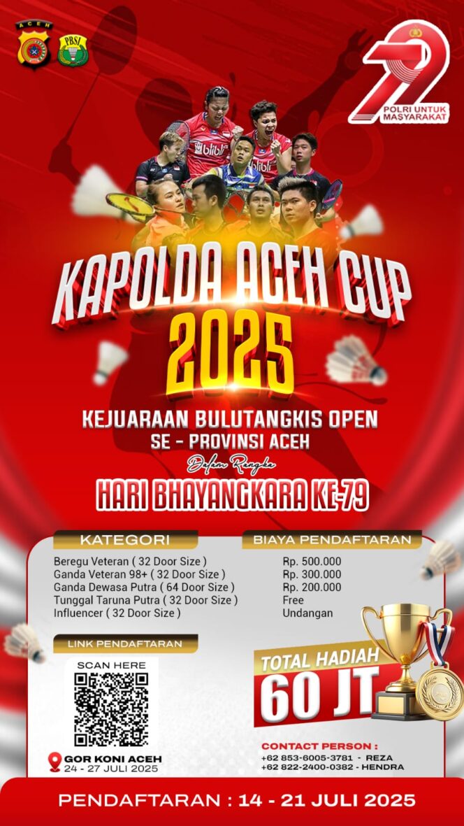 
 Kapolda Aceh Cup 2025 Kejuaraan Bulutangkis Open se- Provinsi Aceh yang digelar dalam rangka memeriahkan Hari Bhayangkara ke- 79. (Dok. Polda Aceh)